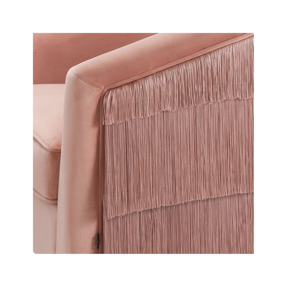 Nude velvet swivel armchair with tassel detailing and matte gold base