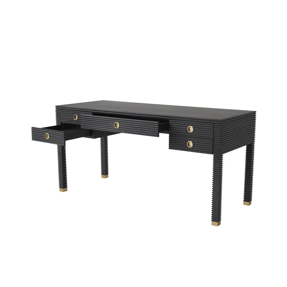 A luxurious charcoal grey luxury desk with a ribbed design and bronze accents 
