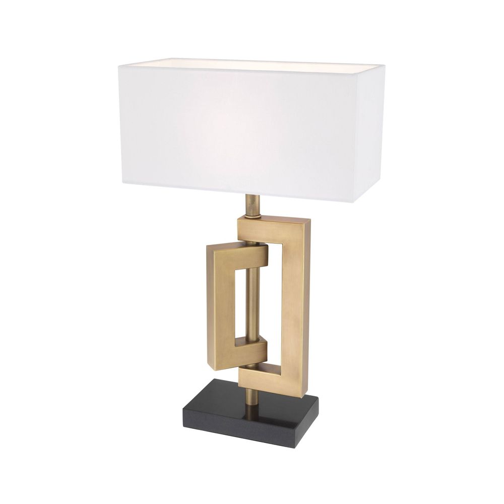 Eichholtz geometric style table lamp in an antique brass finish with a white rectangular shade on granite base
