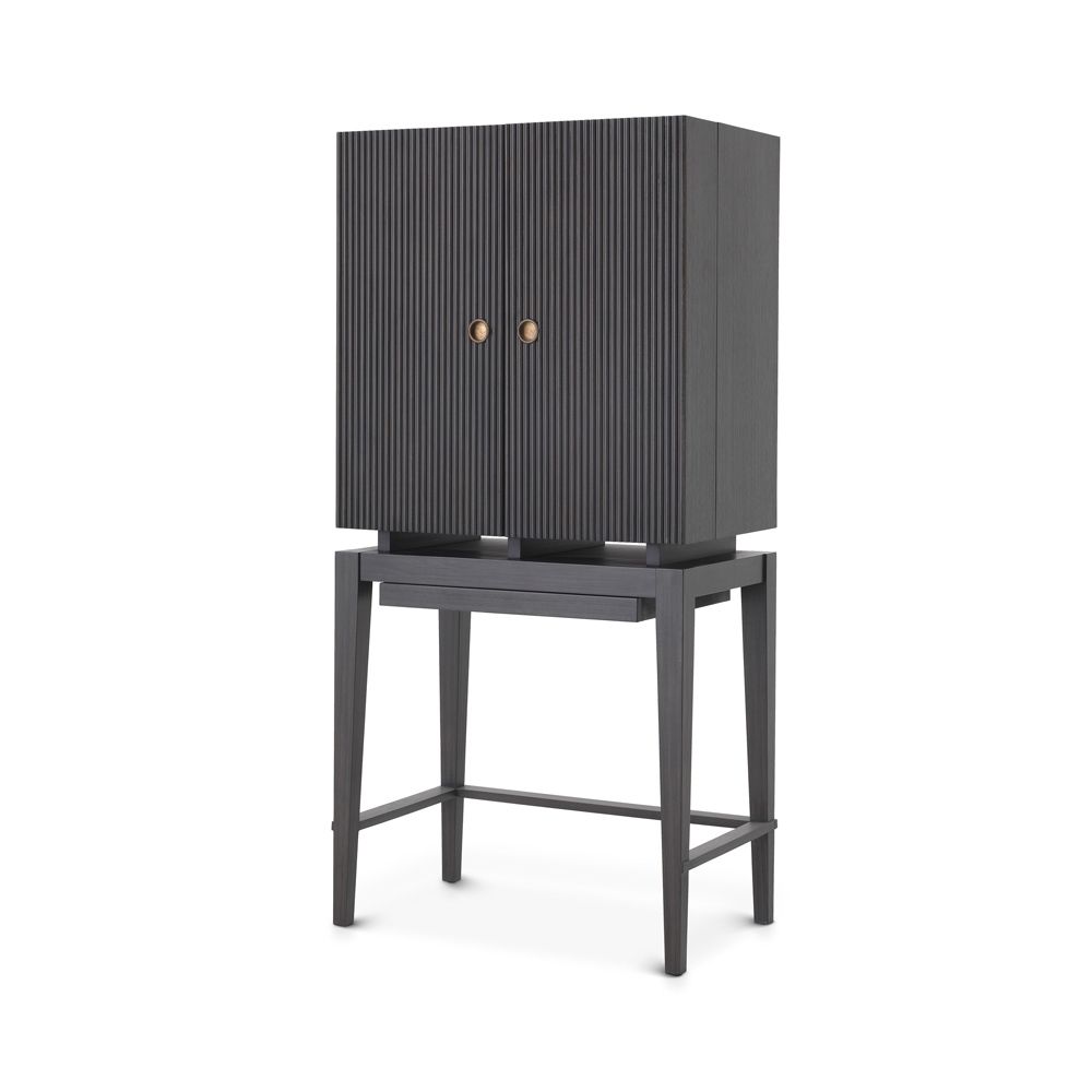 A luxurious mid-century modern bar cabinet with a ribbed design in charcoal grey