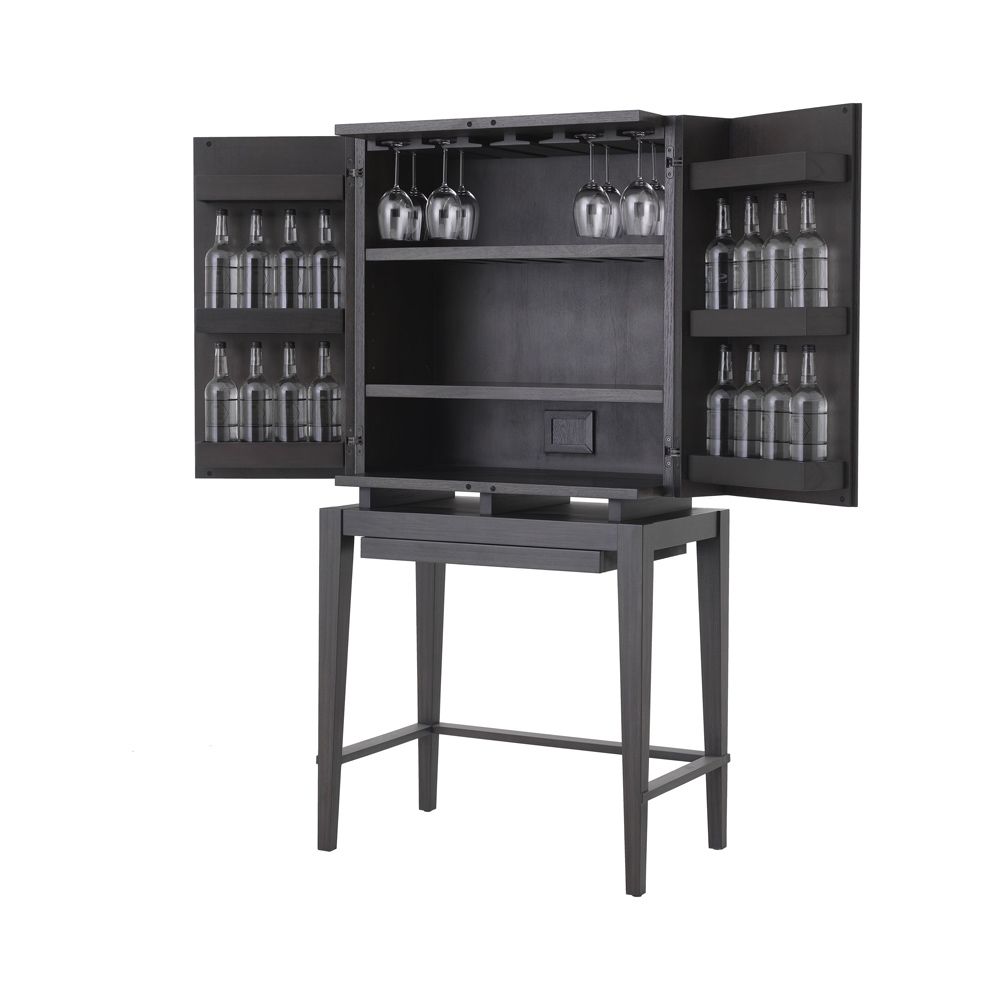 A luxurious mid-century modern bar cabinet with a ribbed design in charcoal grey