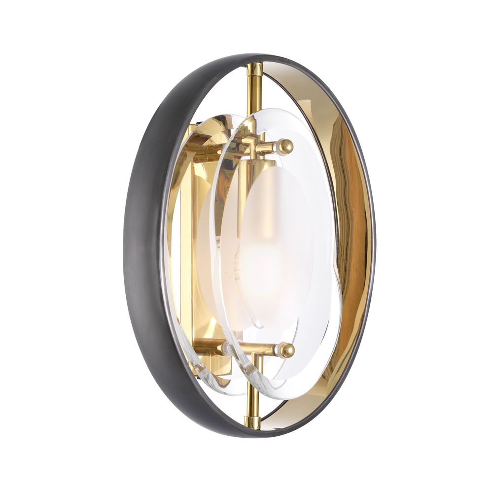 A chic gunmetal, brass and glass wall lamp