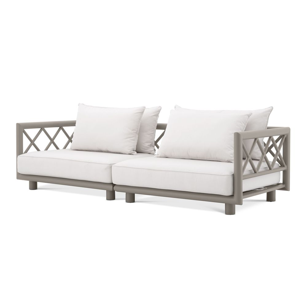 Luxury modern outdoor sofa in a greige finish with neutral linen seating by Eichholtz