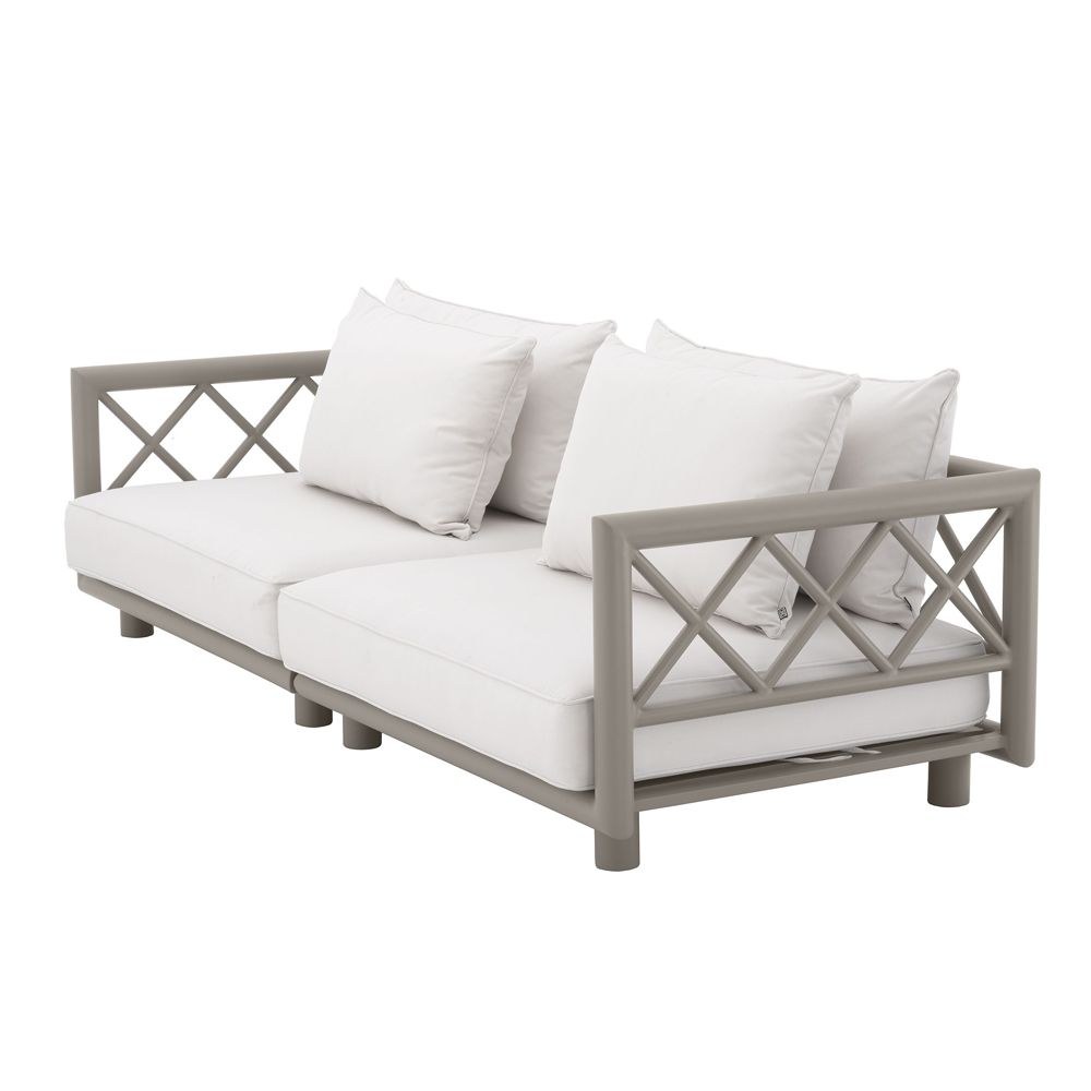 Luxury modern outdoor sofa in a greige finish with neutral linen seating by Eichholtz