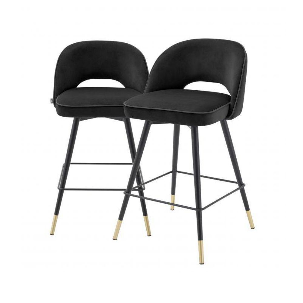 Contemporary style black velvet bar stools with black piping and golden accents - set of 2
