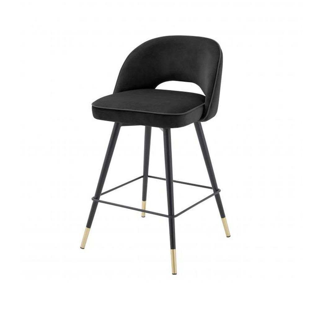 Contemporary style black velvet bar stools with black piping and golden accents - set of 2