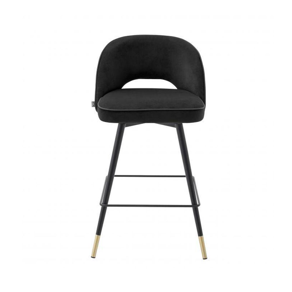 Contemporary style black velvet bar stools with black piping and golden accents - set of 2