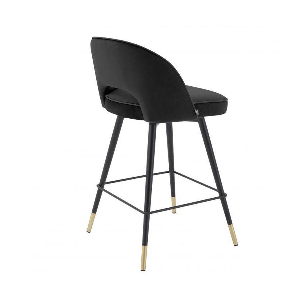 Contemporary style black velvet bar stools with black piping and golden accents - set of 2