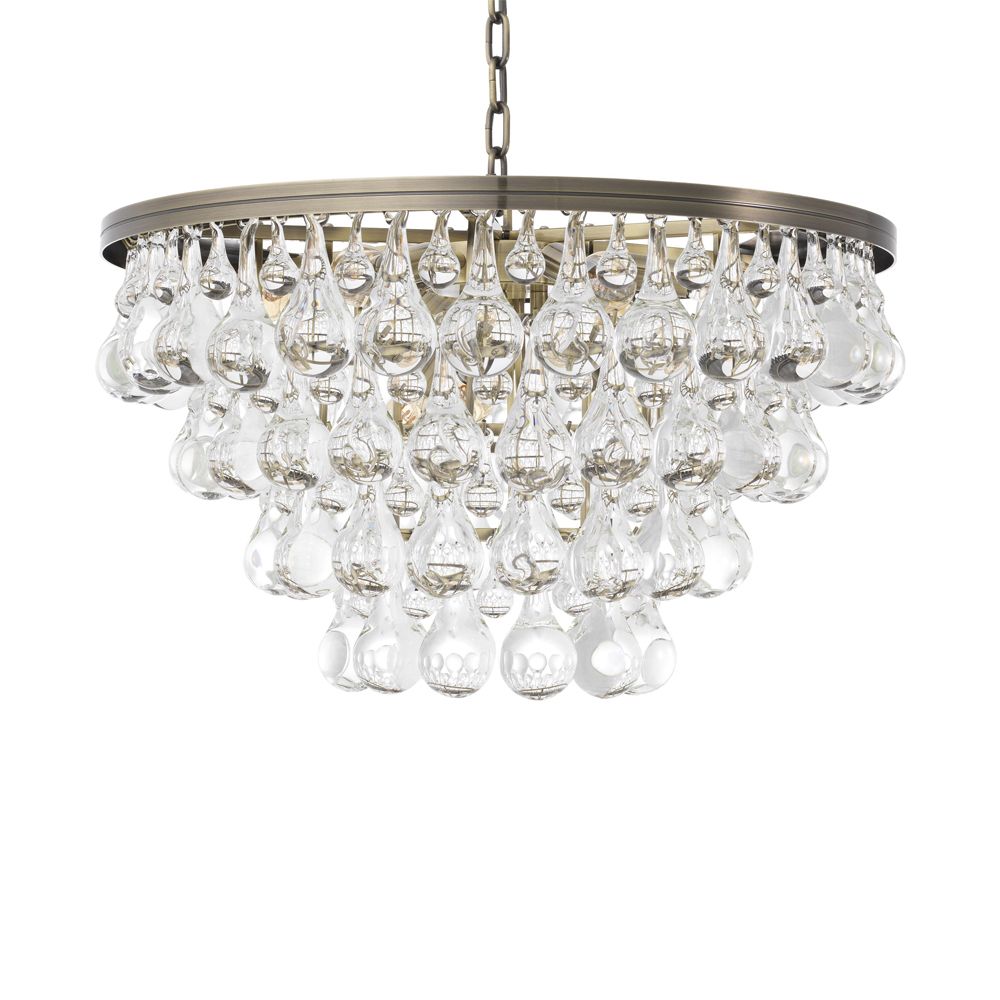 Light brushed brass chandelier with clear glass droplet light bulbs 