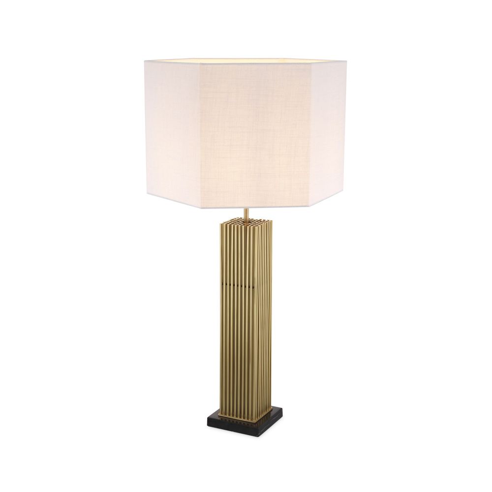A luxurious golden table lamp with a white shade