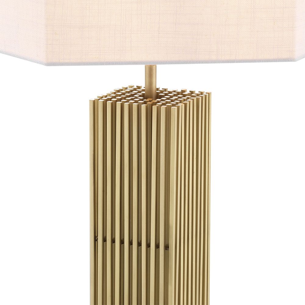 A luxurious golden table lamp with a white shade