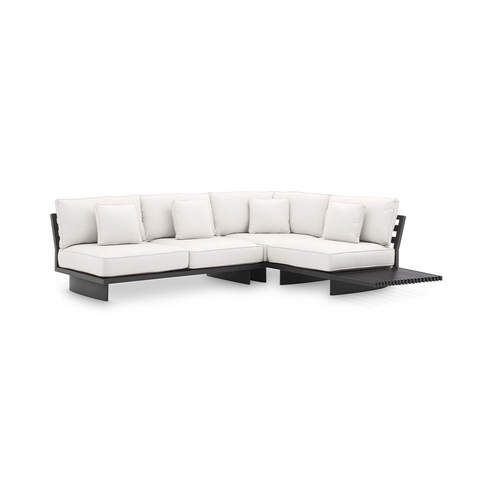 A luxury outdoor sofa by Eichholtz with sunbrella canvas seat cushions, four scatter cushions and a black finished frame with a built in side table 
