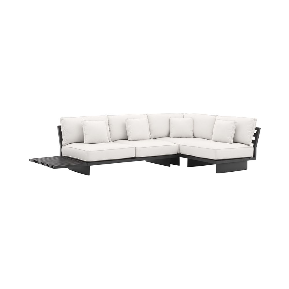 A luxury outdoor sofa by Eichholtz with sunbrella canvas seat cushions, four scatter cushions and a black finished frame with a built in side table 
