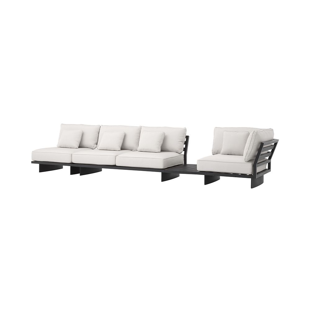 A luxury outdoor sofa by Eichholtz with sunbrella canvas seat cushions, four scatter cushions and a black finished frame with a built in side table 