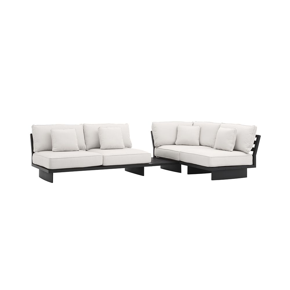 A luxury outdoor sofa by Eichholtz with sunbrella canvas seat cushions, four scatter cushions and a black finished frame with a built in side table 