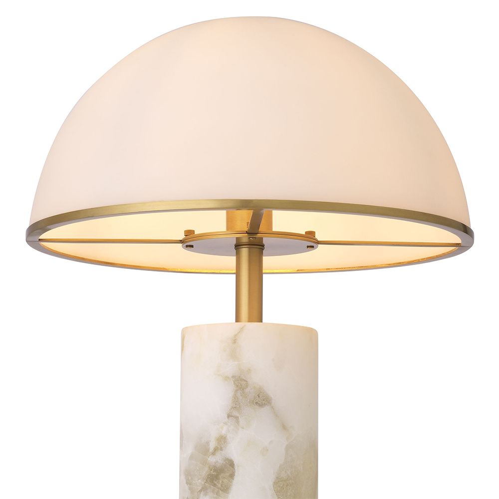 A Mid-Century Modern side lamp by Eichholtz with cylindrical alabaster base, dome-shaped white glass lampshade and antique brass finish 