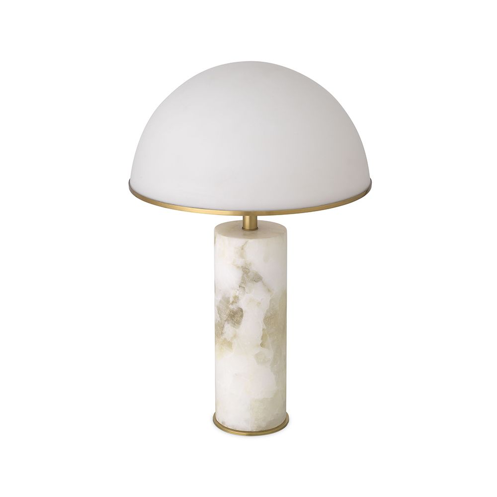 A Mid-Century Modern side lamp by Eichholtz with cylindrical alabaster base, dome-shaped white glass lampshade and antique brass finish 