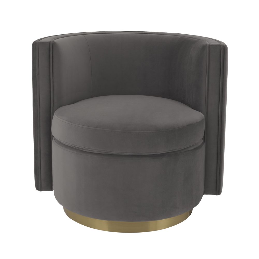 Contemporary grey velvet swivel chair with a matte gold swivel base by Eichholtz