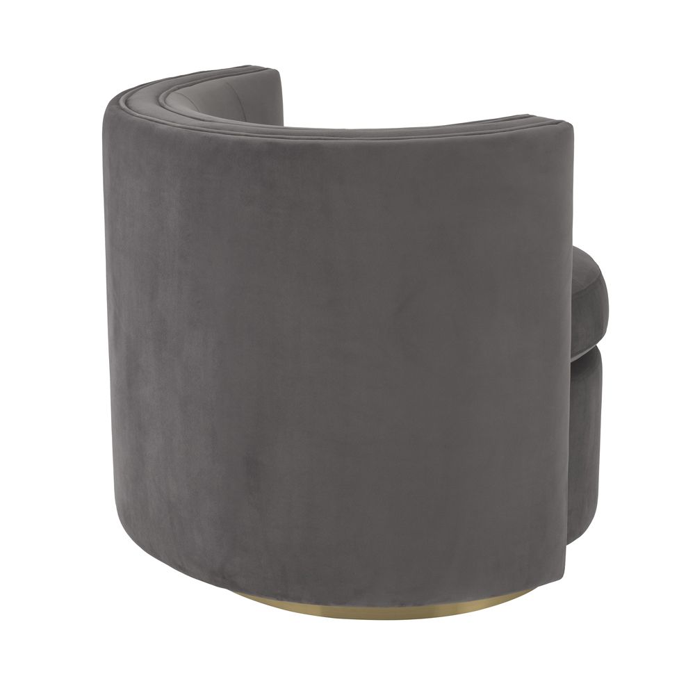 Contemporary grey velvet swivel chair with a matte gold swivel base by Eichholtz