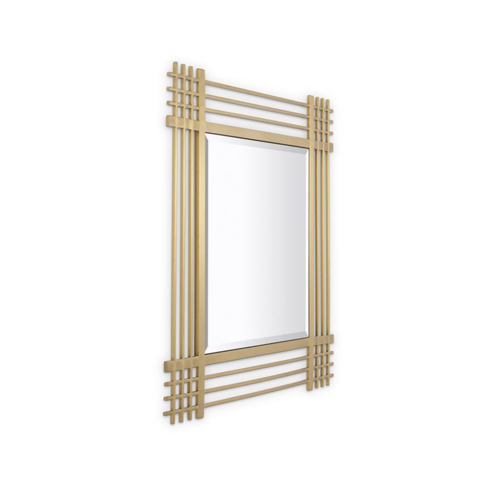 A luxurious, brushed brass bevelled mirror by Eichholtz featuring vertical and horizontal intersecting bars 