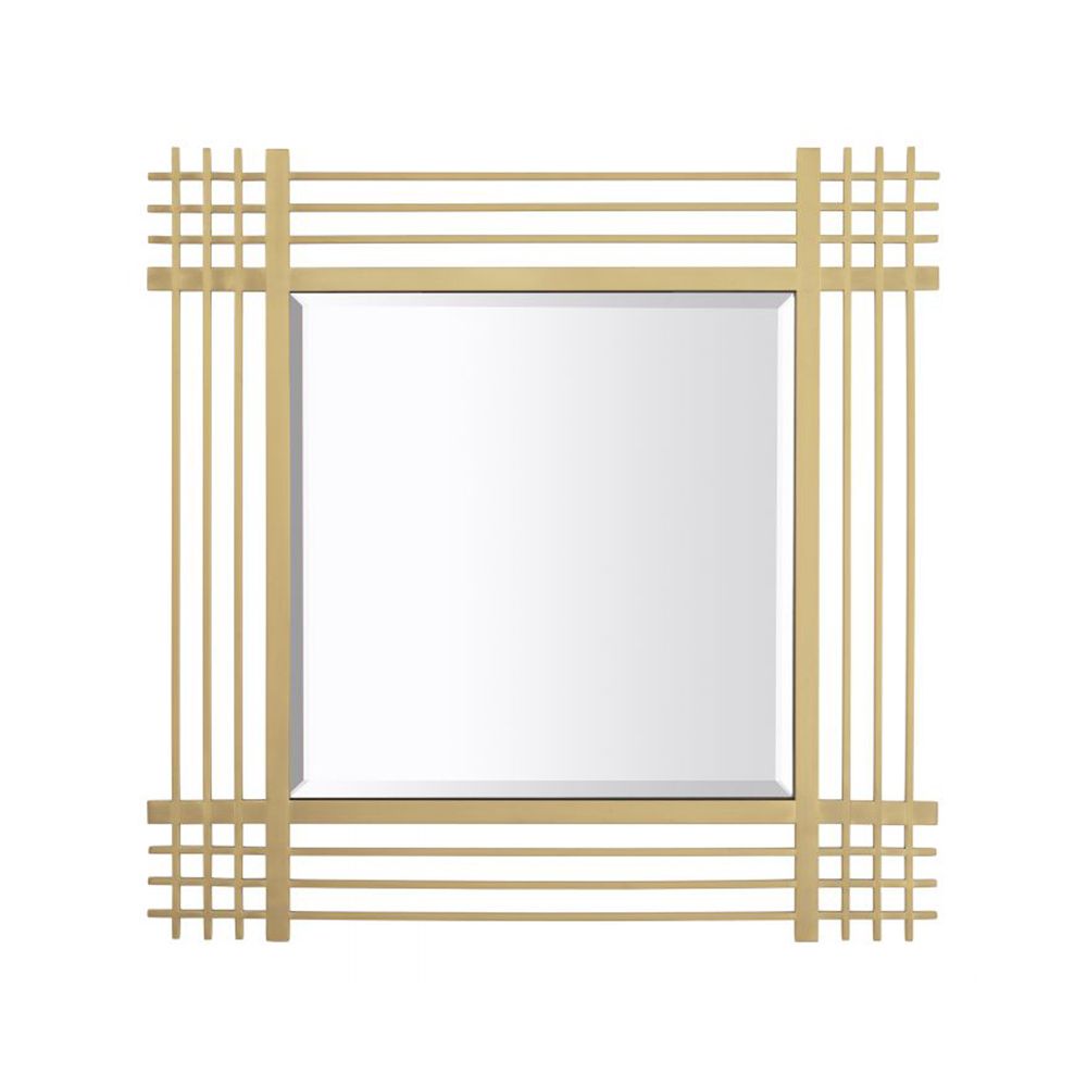 A luxurious, brushed brass bevelled mirror by Eichholtz featuring vertical and horizontal intersecting bars 