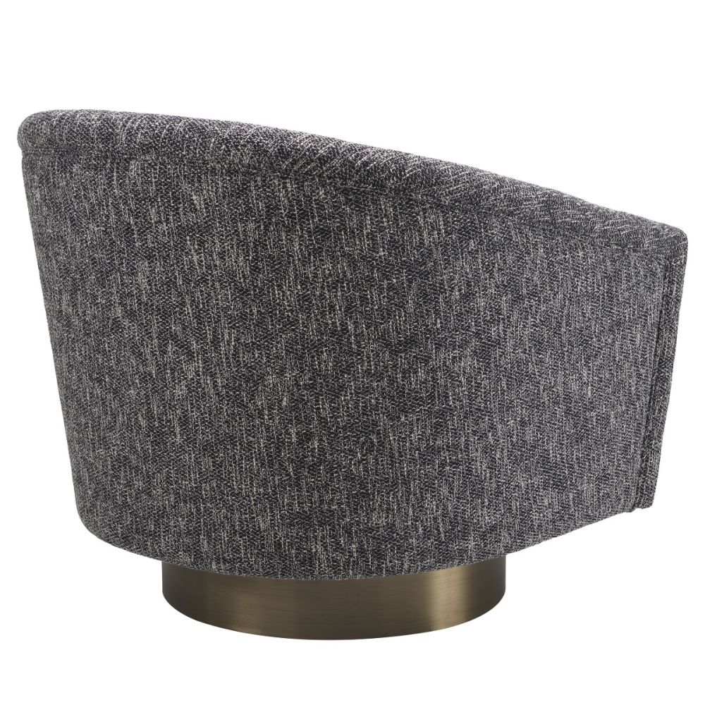A stylish dark grey armchair with a matte gold swivel base