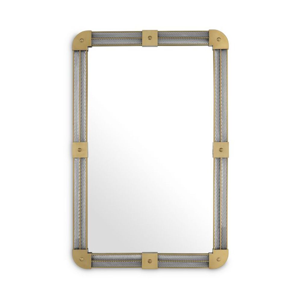 Mirror with glass frame and elegant brass accents. 