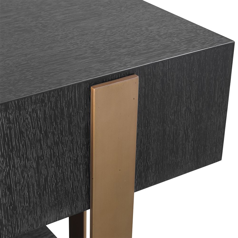 A statement console table by Eichholtz with four charcoal grey, oak veneer blocks and glamorous brushed brass details