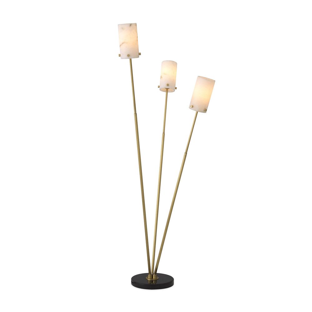 A stylish floor lamp by Eichholtz with three alabaster lamp holders fitted on antique brass stems with a honed black marble base