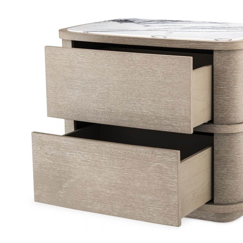 Charming whitewash bedside table with elegant marble tabletop