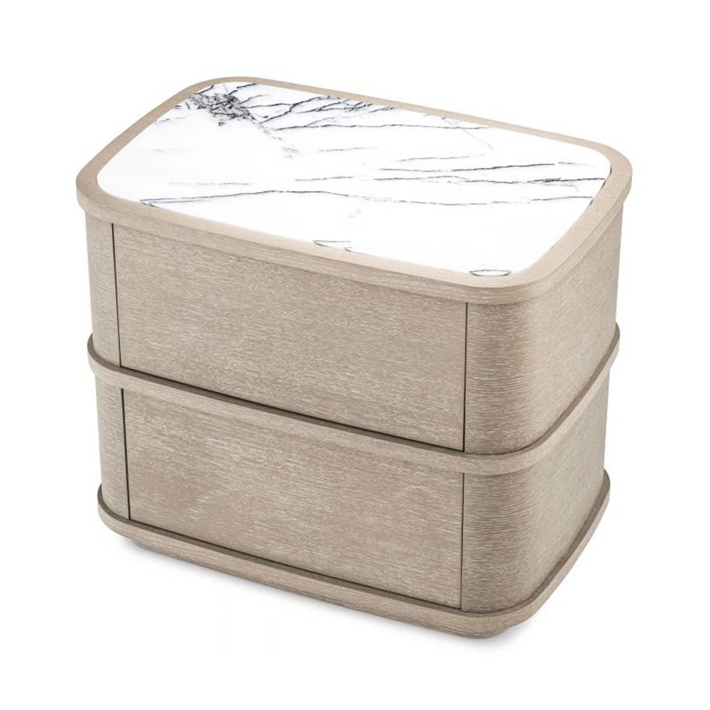 Charming whitewash bedside table with elegant marble tabletop