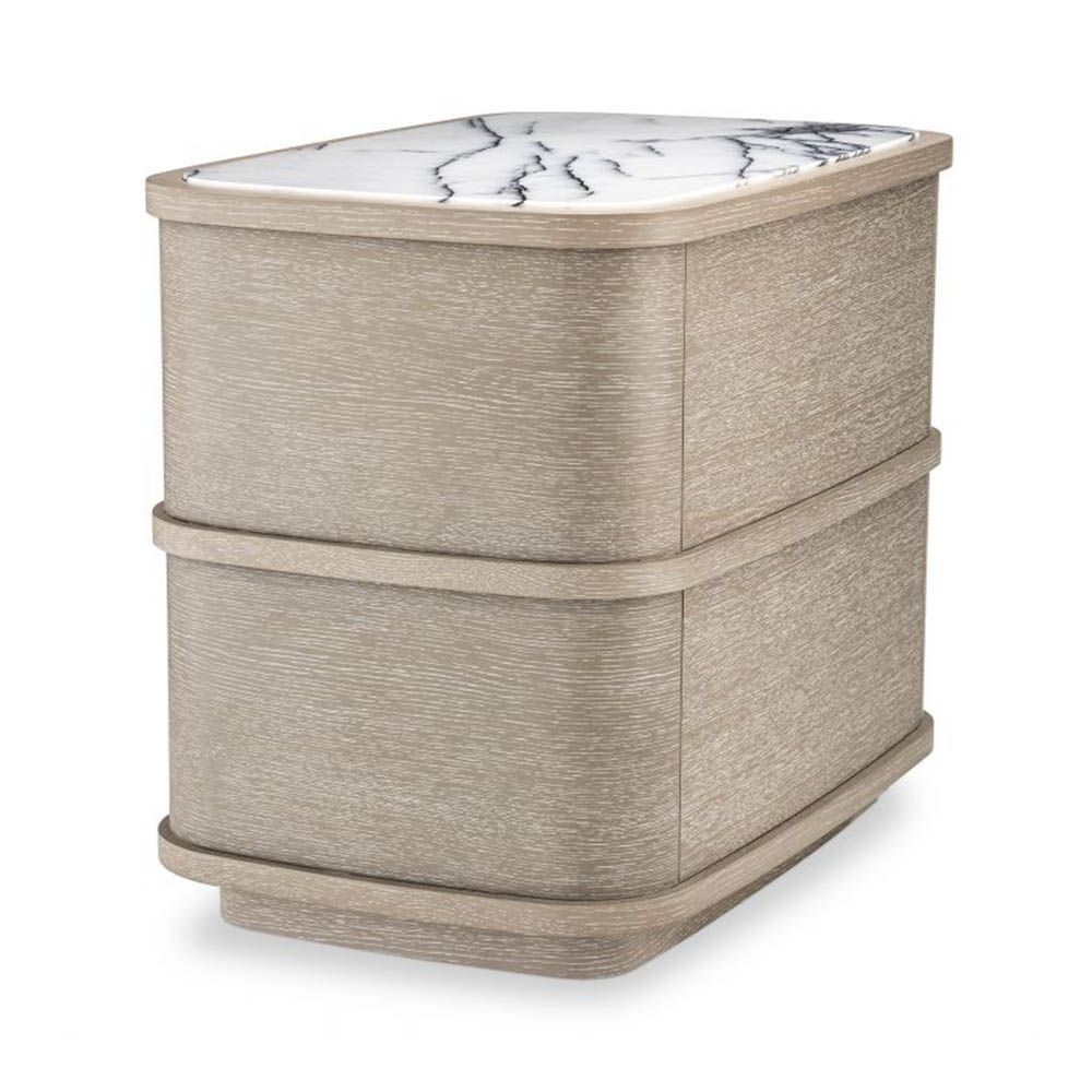 Charming whitewash bedside table with elegant marble tabletop