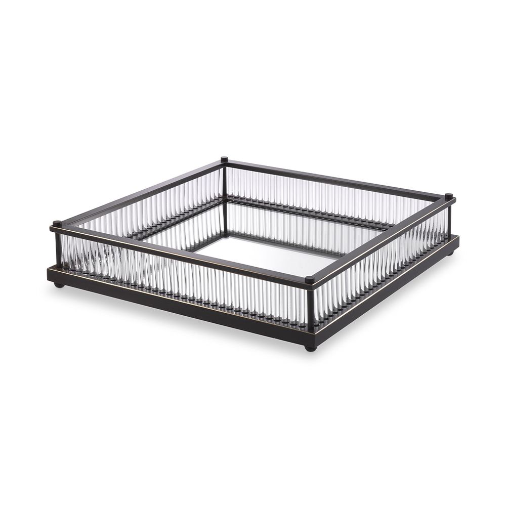 A stunning mirrored square tray by Eichholtz featuring a bronze finish and clear glass rods 