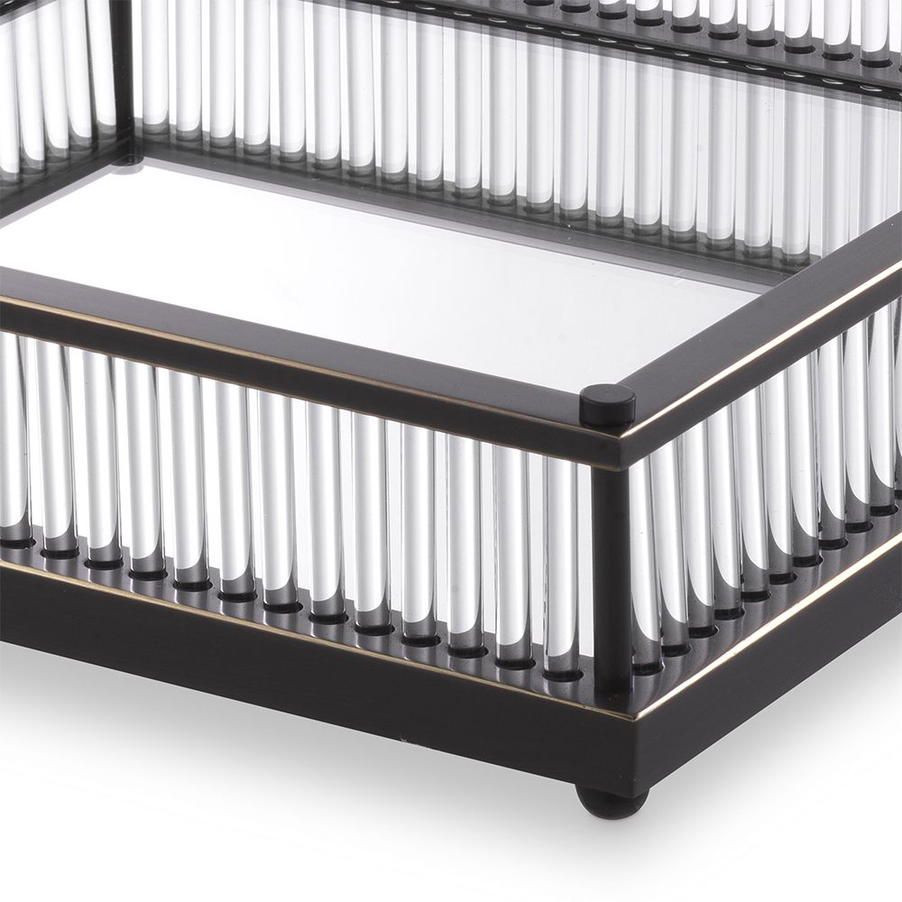 A stunning mirrored square tray by Eichholtz featuring a bronze finish and clear glass rods 