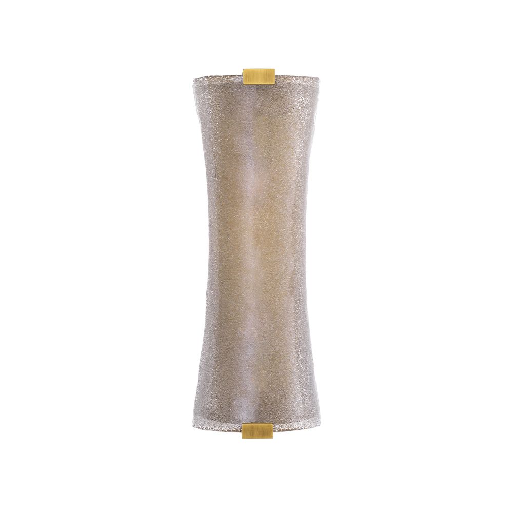 A unique wall lamp by Eichholtz with a hand blown glass curved shade and an antique brass finish