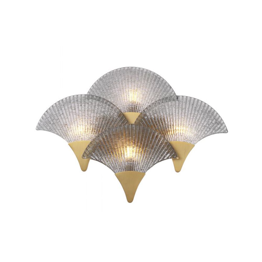 A luxurious wall lamp by Eichholtz with an Art-Deco inspired design featuring four overlapping fans with a smoke glass and antique brass finish