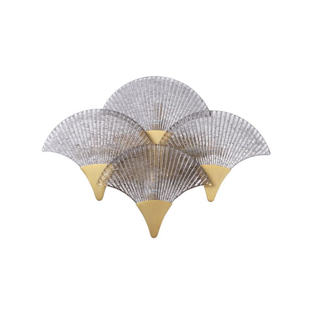 A luxurious wall lamp by Eichholtz with an Art-Deco inspired design featuring four overlapping fans with a smoke glass and antique brass finish