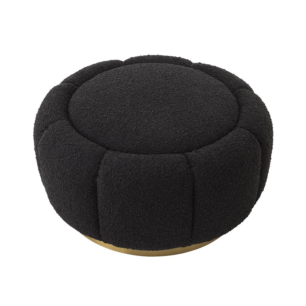 A fabulous floral inspired ottoman featuring a curvilinear shape, a beautiful boucle black upholstery, deep channel stitching and a glamorous brushed brass swivel base