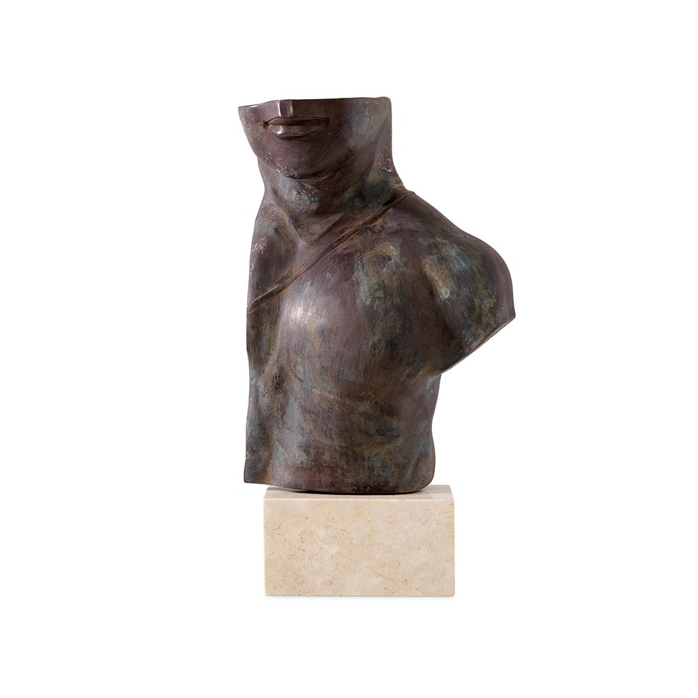A statement torso sculpture by Eichholtz with an antique bronze finish and marble base