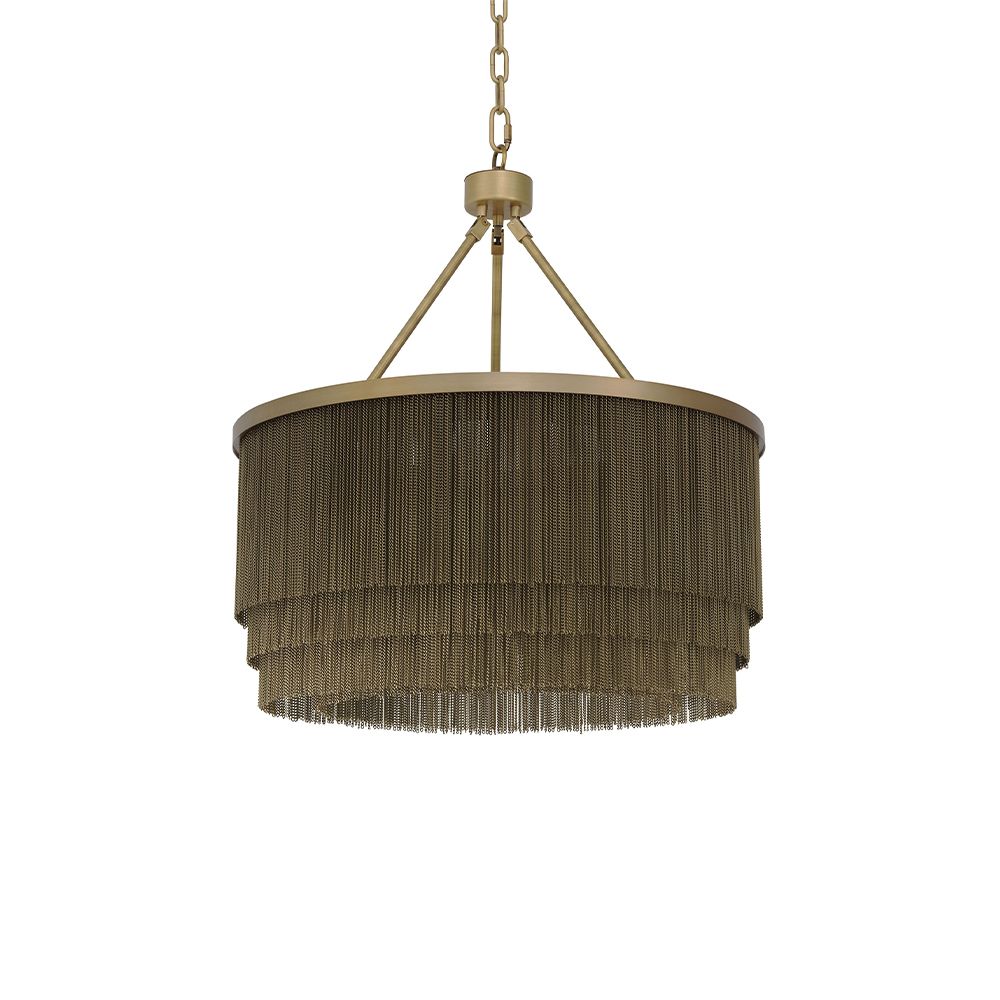 A glamorous chandelier by Eichholtz inspired by 20s extravagance with rows of gold chains and an antique brass finish 