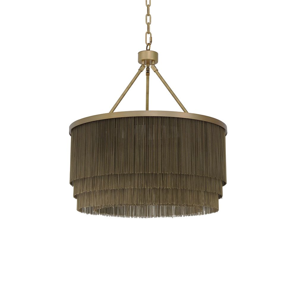 A glamorous chandelier by Eichholtz inspired by 20s extravagance with rows of gold chains and an antique brass finish 