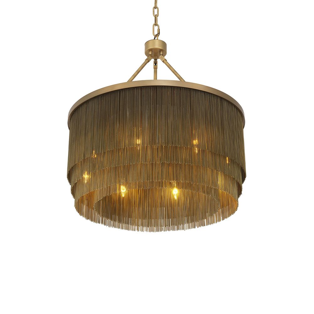 A glamorous chandelier by Eichholtz inspired by 20s extravagance with rows of gold chains and an antique brass finish 