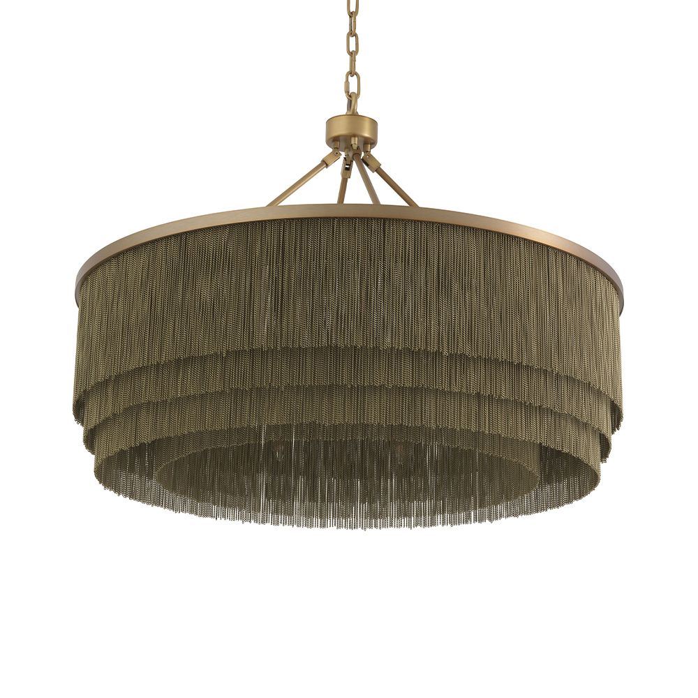 A large, eye-catching chandelier by Eichholtz inspired by the 1920s with four rows of thin chains and an antique brass finish 