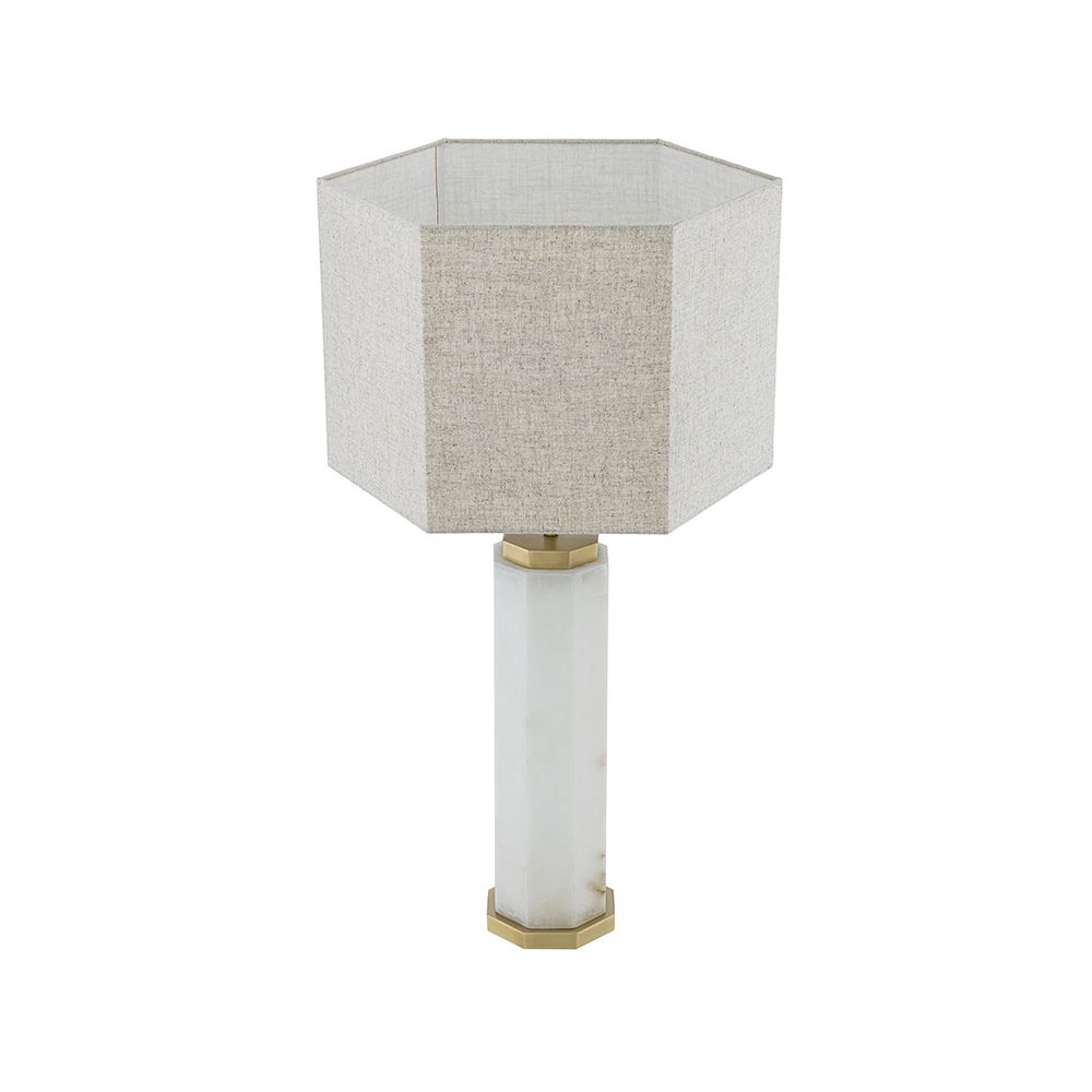 A glamorous side lamp by Eichholtz with an antique brass finish, octagonal alabaster body and linen mix lampshade