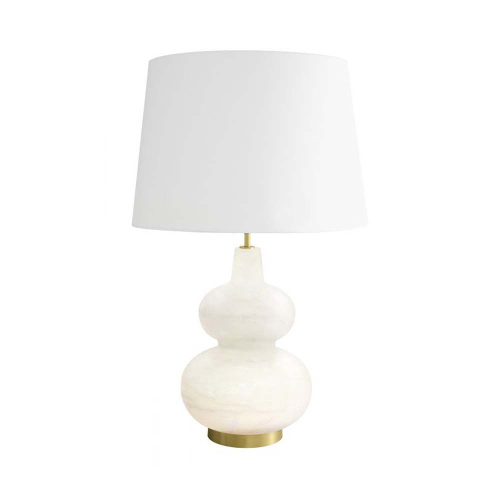 An alabaster table lamp with an hourglass silhouette and white shade.