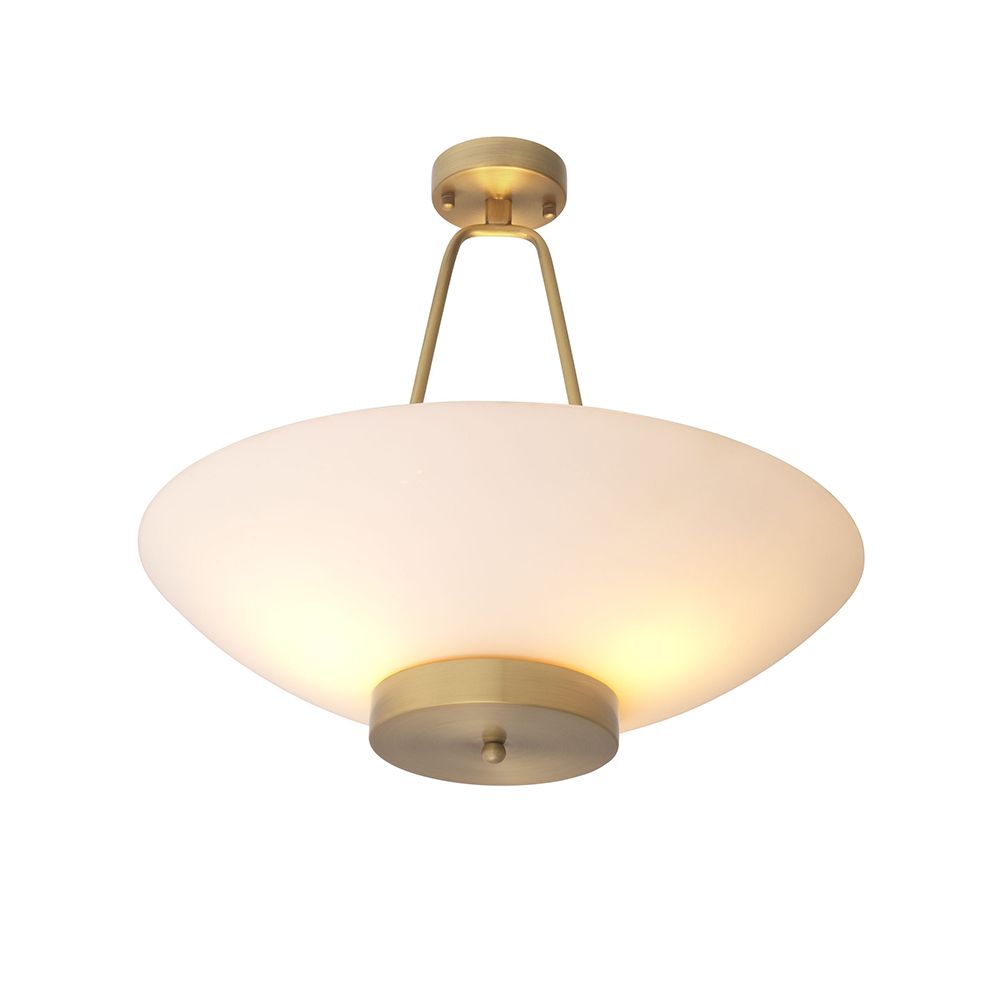 A simplistic yet stylish ceiling lamp by Eichholtz with a white glass and antique brass finish