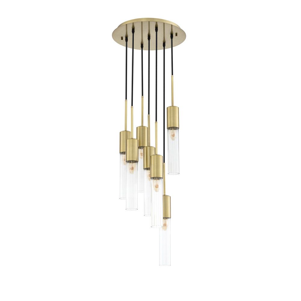 A stylish statement chandelier by Eichholtz with glamorous, cylindrical ribbed glass shades with an antique brass finish 