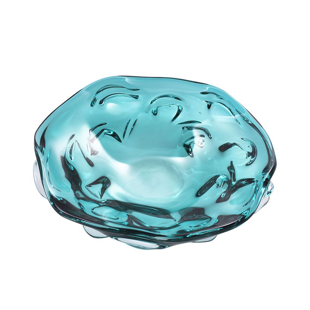 Beautiful blue glass bowl featuring an organic, curvaceous design