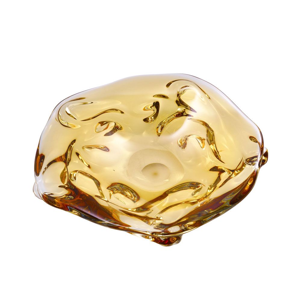 Contemporary bowl featuring free-flowing shape crafted from yellow hand-blown glass