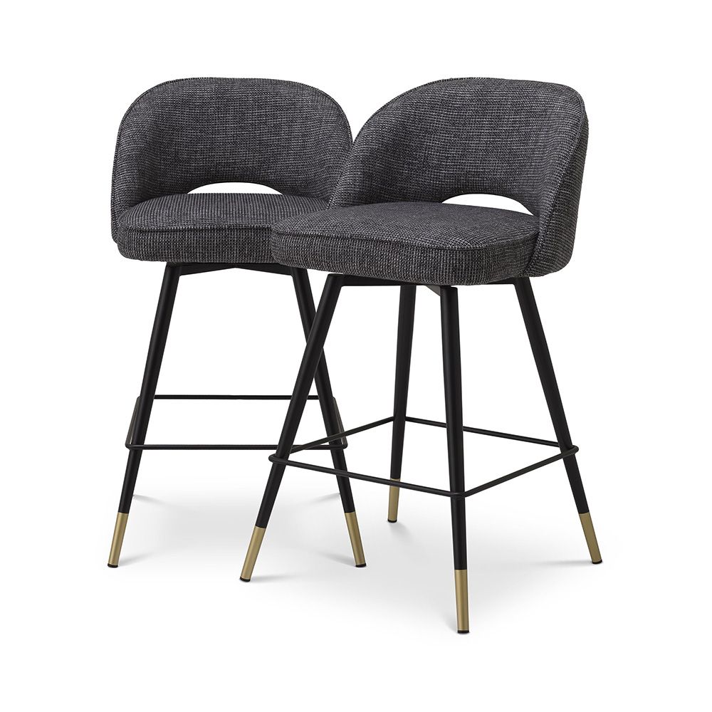 Sleek, rocat black swivel counter stools with elegant brass caps